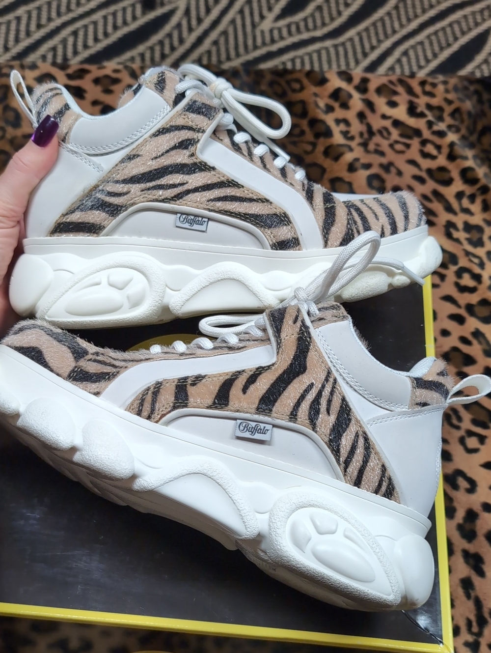 Buffalo London Colby Beige and Black Zebra Print Chunky Sneakers